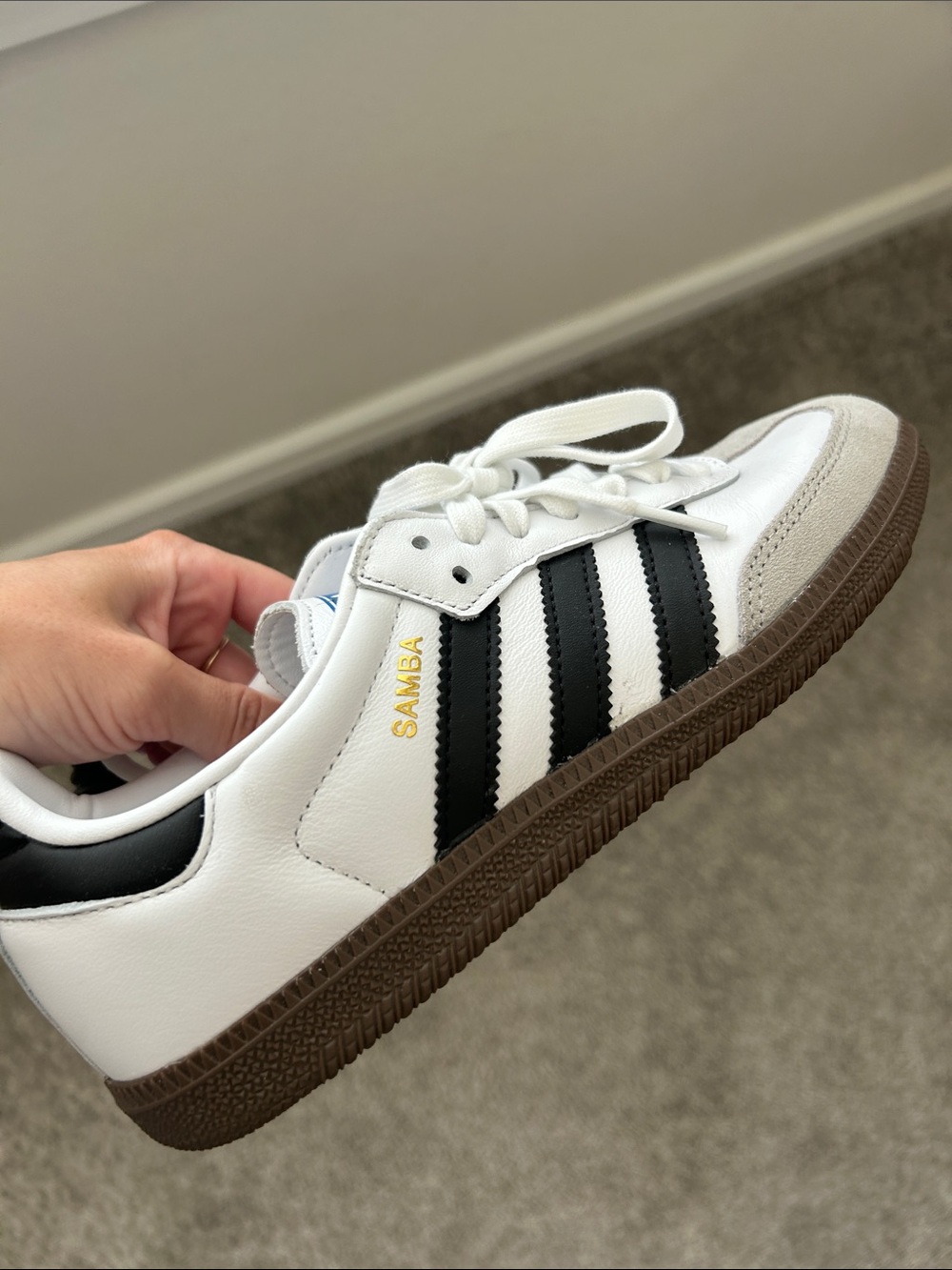 adidas White Sneakers with Black Stripes and Brown Gum Sole
